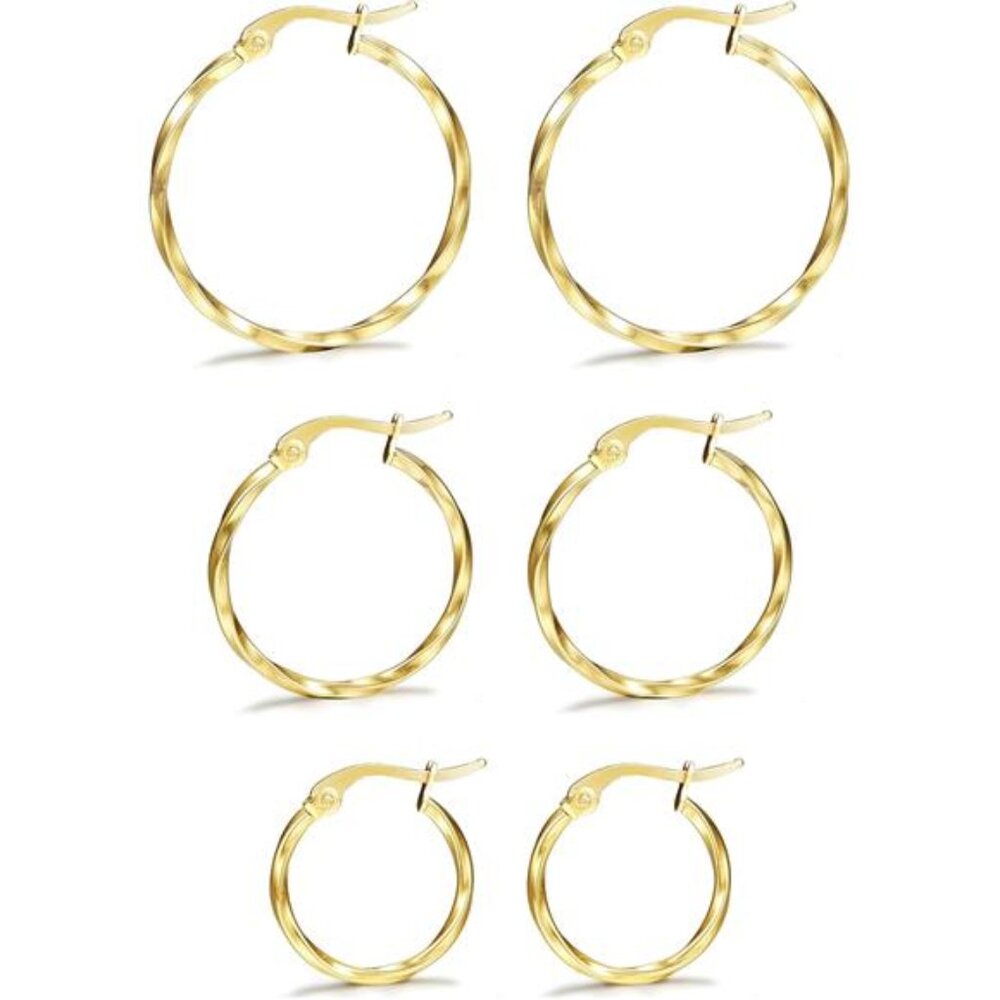 3Pairs Stainless Steel Twisted Gold Silver Small Hoop Earrings Set 15-25mm
